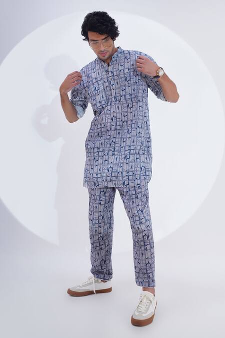 Shop_Jajaabor_Grey Linen Geometric Print Kurta With Pant 