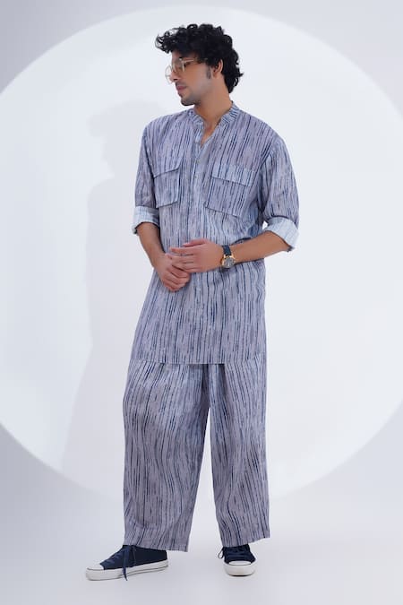 Buy_Jajaabor_Grey Linen Broken Stripe Print Kurta With Pant _Online_at_Aza_Fashions