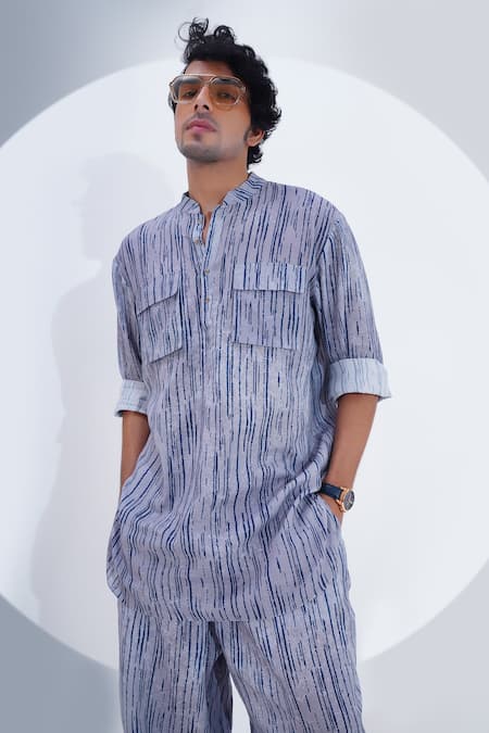 Jajaabor_Grey Linen Broken Stripe Print Kurta With Pant _at_Aza_Fashions