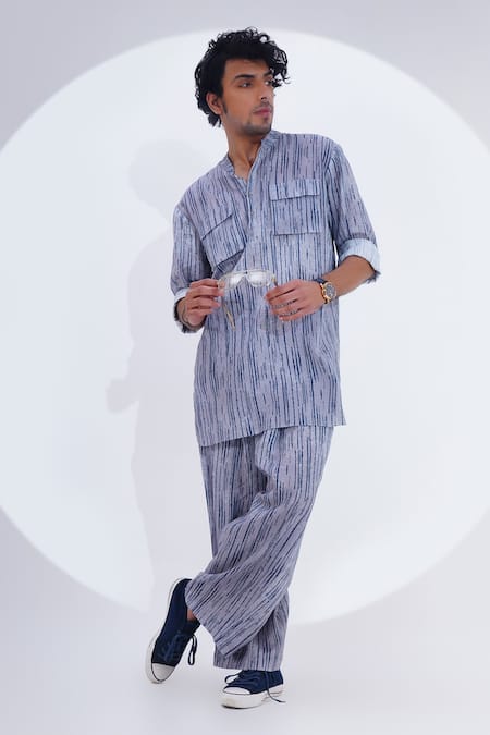 Buy_Jajaabor_Grey Linen Broken Stripe Print Kurta With Pant 