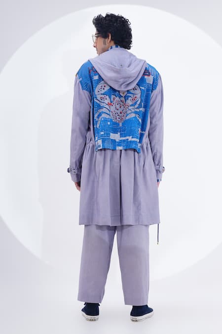 Shop_Jajaabor_Grey Linen Printed Crab Placed Trench Jacket _at_Aza_Fashions