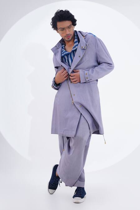 Buy_Jajaabor_Grey Linen Printed Crab Placed Trench Jacket _Online_at_Aza_Fashions