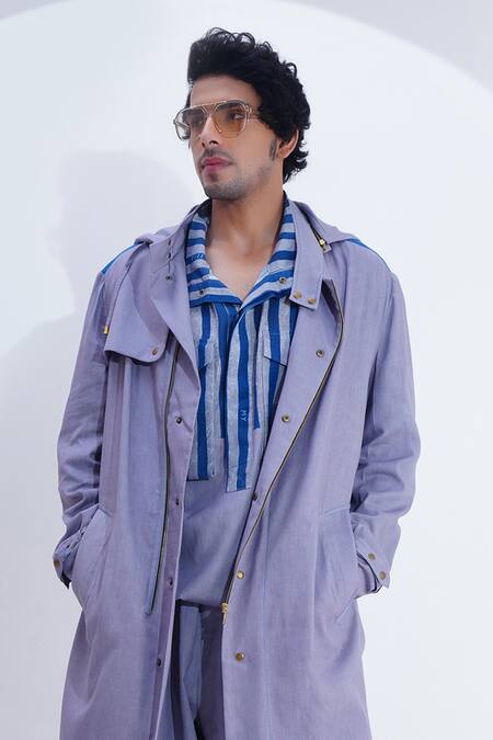 Shop Jajaabor Grey Linen Printed Crab Placed Trench Jacket Online at Aza Fashions Shop_Jajaabor_Grey Linen Printed Crab Placed Trench Jacket _Online_at_Aza_Fashions