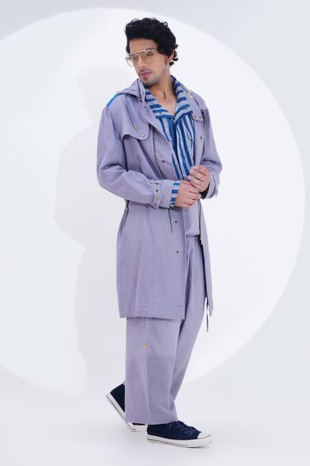 Jajaabor_Grey Linen Printed Crab Placed Trench Jacket _at_Aza_Fashions