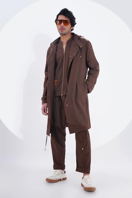 Jajaabor Brown Linen Printed Crab Placement Trench Jacket 