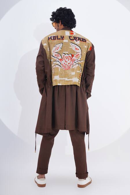 Shop_Jajaabor_Brown Linen Printed Crab Placement Trench Jacket _at_Aza_Fashions