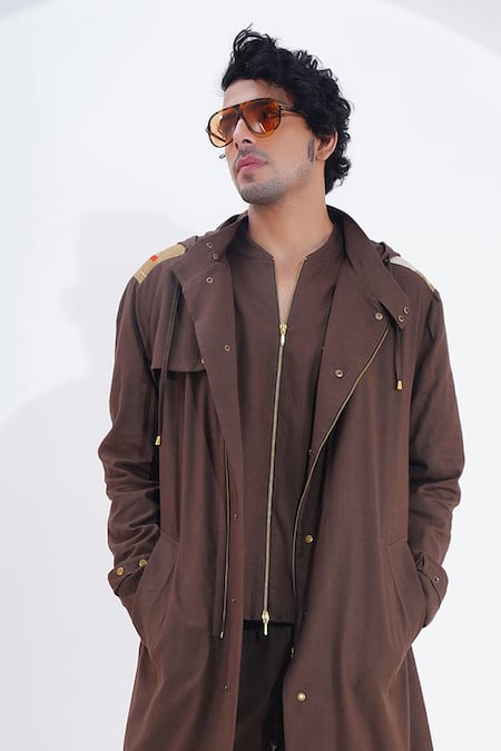 Jajaabor Brown Linen Printed Crab Placement Trench Jacket Online at Aza Fashions Jajaabor_Brown Linen Printed Crab Placement Trench Jacket _Online_at_Aza_Fashions