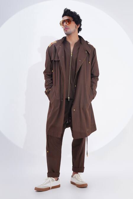 Buy_Jajaabor_Brown Linen Printed Crab Placement Trench Jacket _Online_at_Aza_Fashions