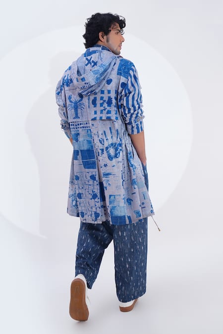 Shop_Jajaabor_Blue Linen Collage Print Trench Jacket _at_Aza_Fashions