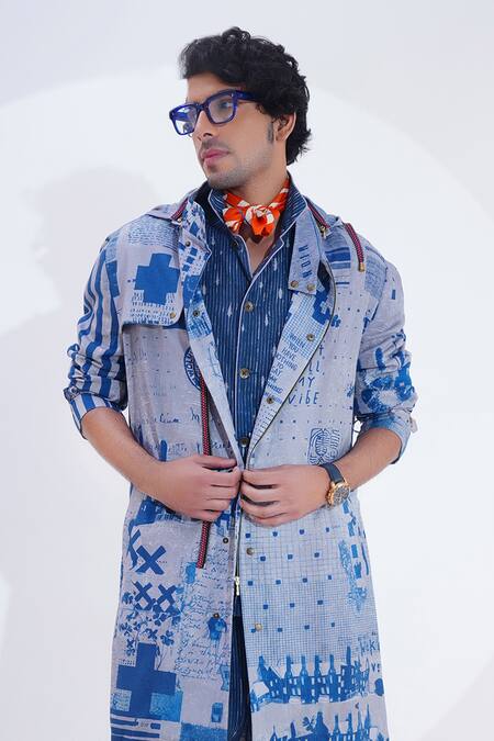 Jajaabor Blue Linen Collage Print Trench Jacket Online at Aza Fashions Jajaabor_Blue Linen Collage Print Trench Jacket _Online_at_Aza_Fashions