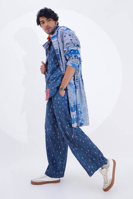 Buy_Jajaabor_Blue Linen Collage Print Trench Jacket _Online_at_Aza_Fashions