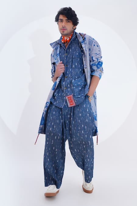Shop_Jajaabor_Blue Linen Collage Print Trench Jacket _Online_at_Aza_Fashions