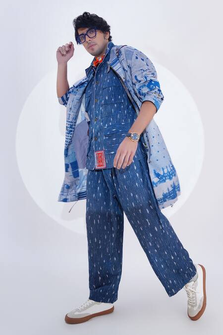 Jajaabor_Blue Linen Collage Print Trench Jacket _at_Aza_Fashions