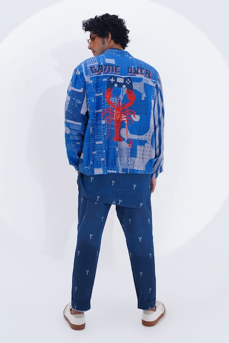 Shop_Jajaabor_Blue Linen Printed Collage Bomber Jacket _at_Aza_Fashions