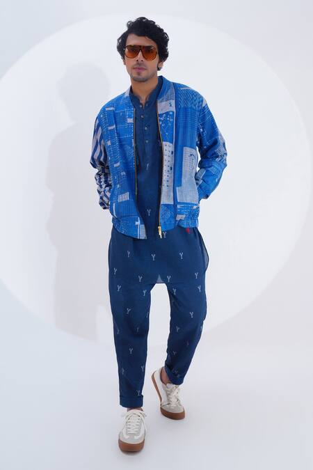 Jajaabor_Blue Linen Printed Collage Bomber Jacket _Online_at_Aza_Fashions