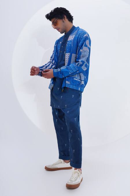Buy_Jajaabor_Blue Linen Printed Collage Bomber Jacket _Online_at_Aza_Fashions
