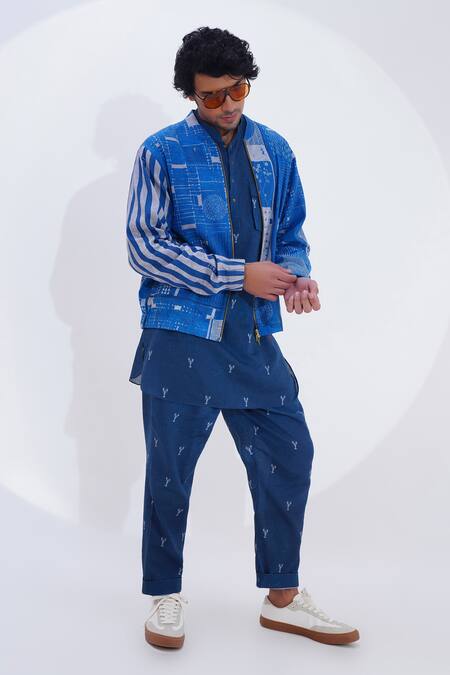Shop_Jajaabor_Blue Linen Printed Collage Bomber Jacket _Online_at_Aza_Fashions