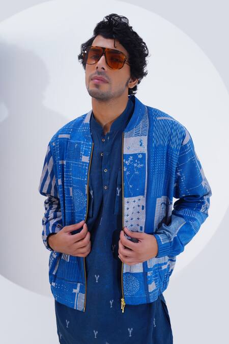 Jajaabor_Blue Linen Printed Collage Bomber Jacket _at_Aza_Fashions