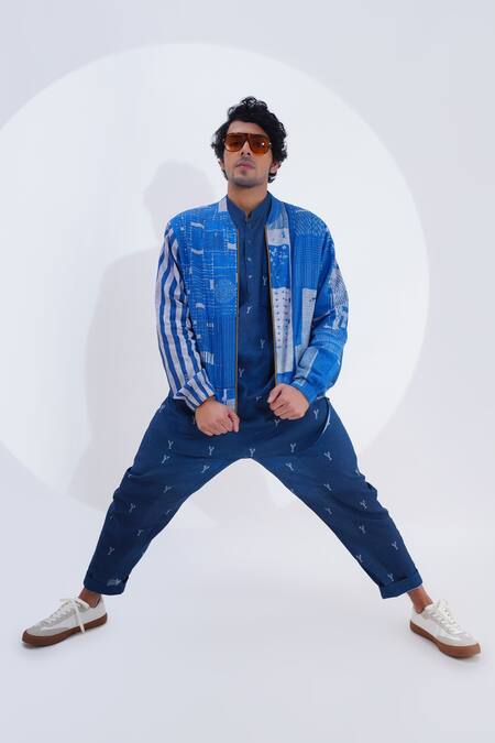 Buy_Jajaabor_Blue Linen Printed Collage Bomber Jacket 