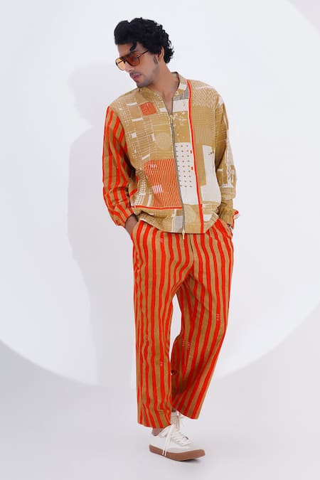 Shop_Jajaabor_Beige Linen Printed Collage Typographic Bomber Jacket _Online_at_Aza_Fashions