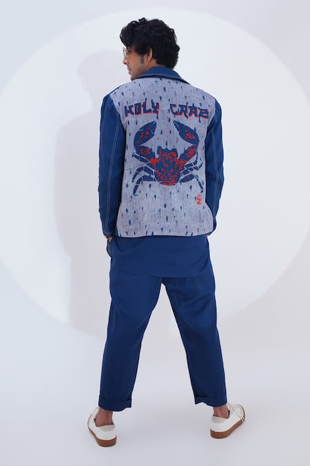 Shop_Jajaabor_Blue Linen Printed Crab Placed Biker Jacket _at_Aza_Fashions