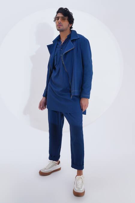 Jajaabor_Blue Linen Printed Crab Placed Biker Jacket _Online_at_Aza_Fashions