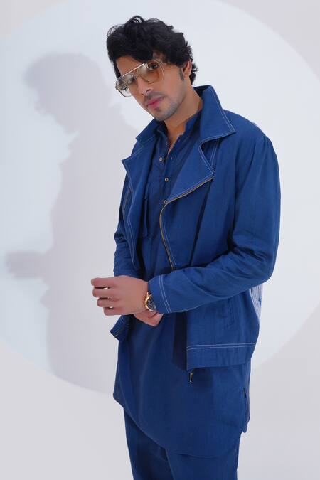 Buy_Jajaabor_Blue Linen Printed Crab Placed Biker Jacket _Online_at_Aza_Fashions