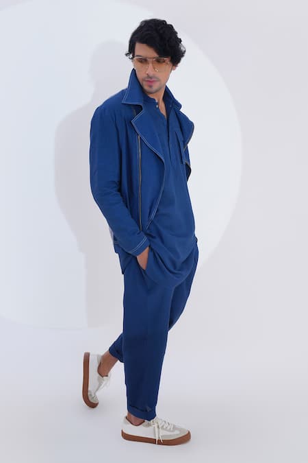 Shop_Jajaabor_Blue Linen Printed Crab Placed Biker Jacket _Online_at_Aza_Fashions