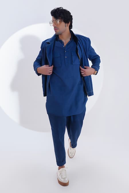 Jajaabor_Blue Linen Printed Crab Placed Biker Jacket _at_Aza_Fashions