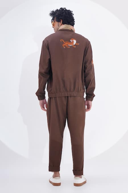 Shop_Jajaabor_Brown Linen Embroidered Tiger Biker Jacket _at_Aza_Fashions