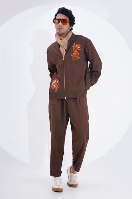 Jajaabor_Brown Linen Embroidered Tiger Biker Jacket _Online_at_Aza_Fashions