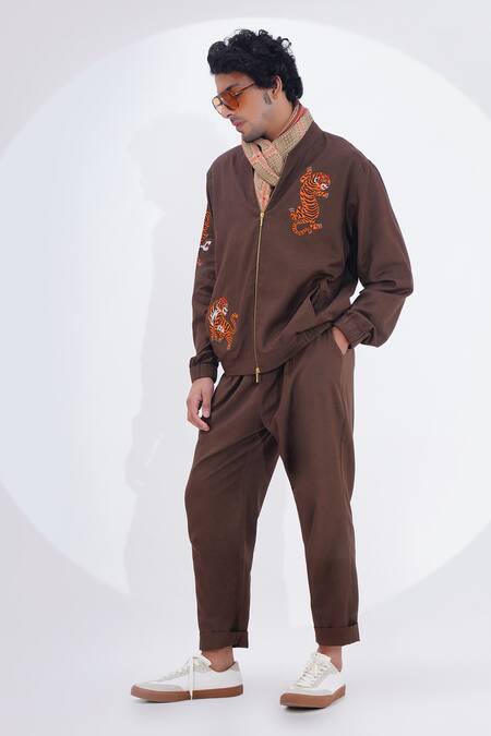 Buy_Jajaabor_Brown Linen Embroidered Tiger Biker Jacket _Online_at_Aza_Fashions