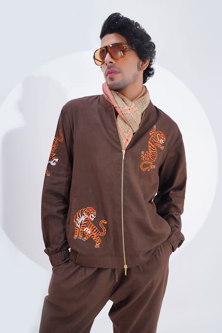 Shop_Jajaabor_Brown Linen Embroidered Tiger Biker Jacket _Online_at_Aza_Fashions