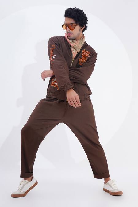 Jajaabor_Brown Linen Embroidered Tiger Biker Jacket _at_Aza_Fashions