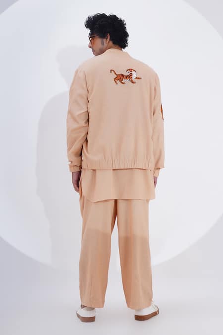 Shop_Jajaabor_Beige Linen Embroidery Thread Biker Jacket _at_Aza_Fashions