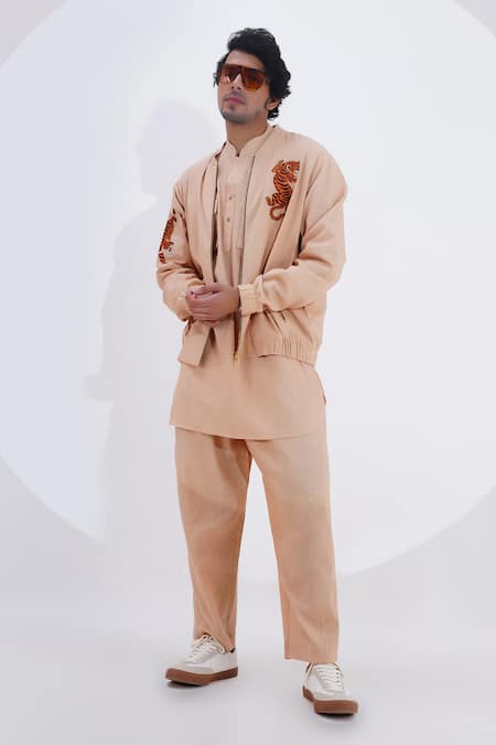 Jajaabor_Beige Linen Embroidery Thread Biker Jacket _Online_at_Aza_Fashions