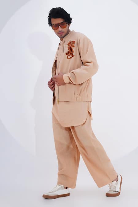 Buy_Jajaabor_Beige Linen Embroidery Thread Biker Jacket _Online_at_Aza_Fashions