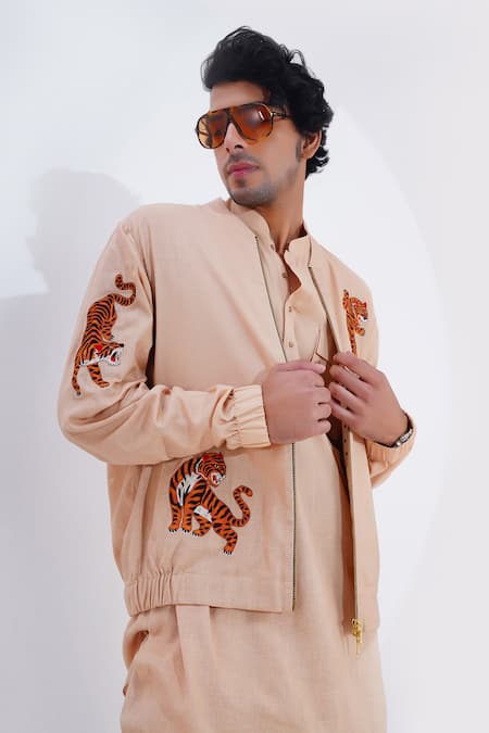 Shop_Jajaabor_Beige Linen Embroidery Thread Biker Jacket _Online_at_Aza_Fashions