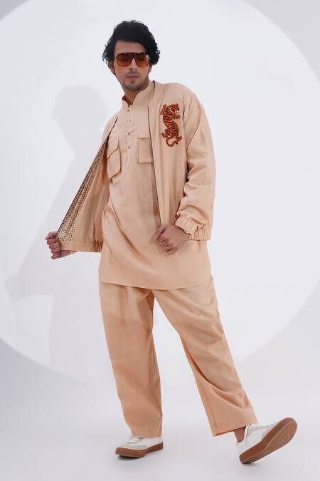 Jajaabor_Beige Linen Embroidery Thread Biker Jacket _at_Aza_Fashions