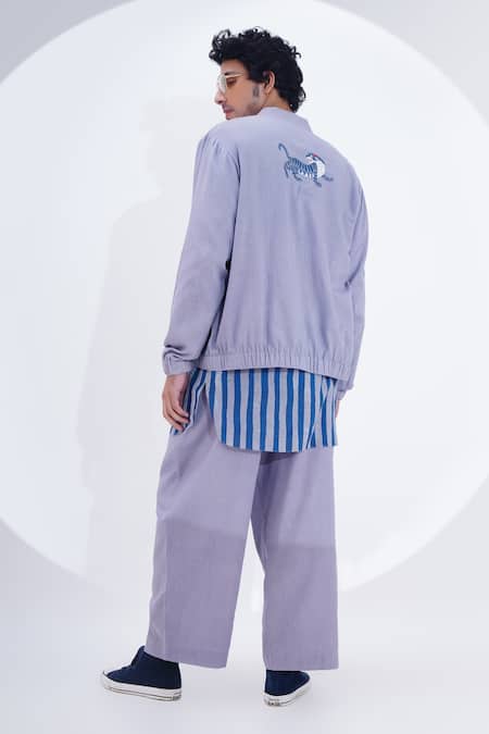 Shop_Jajaabor_Grey Linen Embroidery Tiger Threadwork Biker Jacket _at_Aza_Fashions