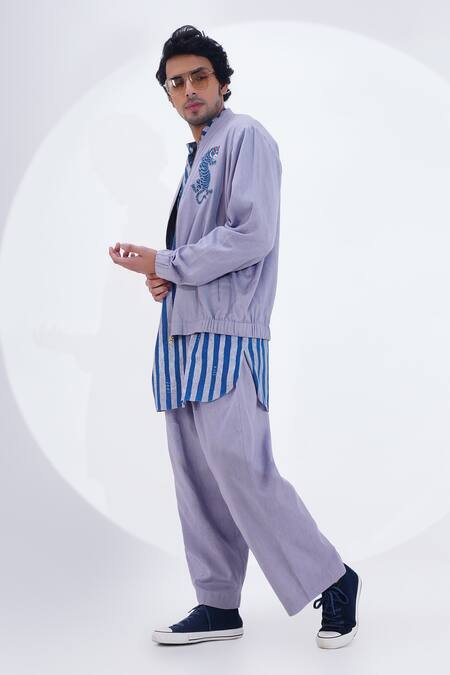 Jajaabor_Grey Linen Embroidery Tiger Threadwork Biker Jacket _Online_at_Aza_Fashions