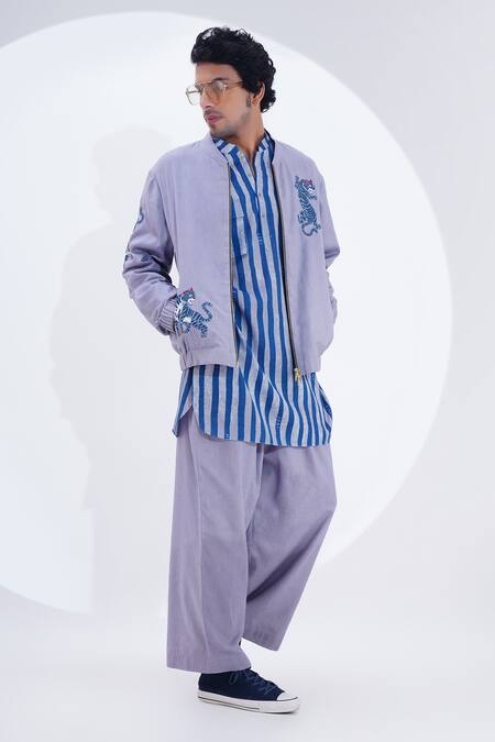 Buy_Jajaabor_Grey Linen Embroidery Tiger Threadwork Biker Jacket _Online_at_Aza_Fashions