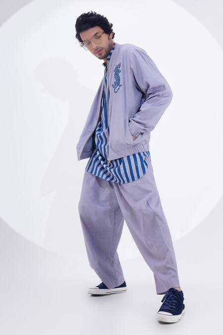 Shop_Jajaabor_Grey Linen Embroidery Tiger Threadwork Biker Jacket _Online_at_Aza_Fashions