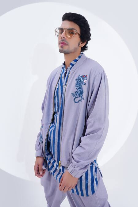 Jajaabor_Grey Linen Embroidery Tiger Threadwork Biker Jacket _at_Aza_Fashions