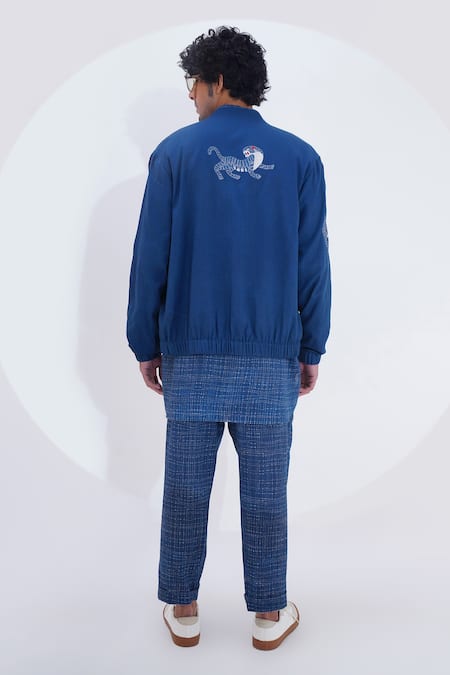 Shop_Jajaabor_Blue Linen Embroidery Threadwork Biker Jacket _at_Aza_Fashions