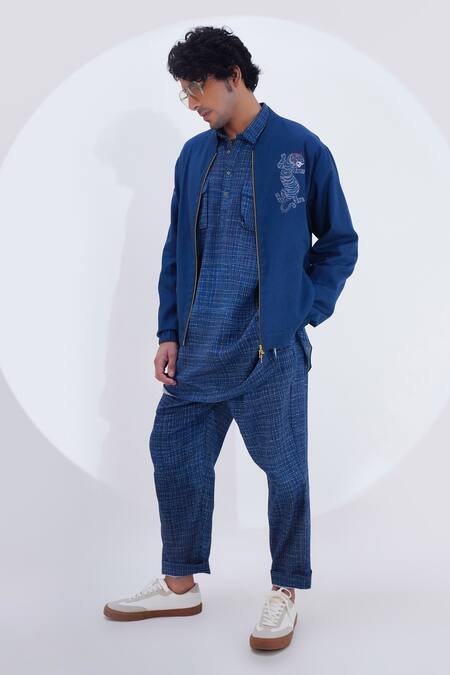 Jajaabor_Blue Linen Embroidery Threadwork Biker Jacket _Online_at_Aza_Fashions