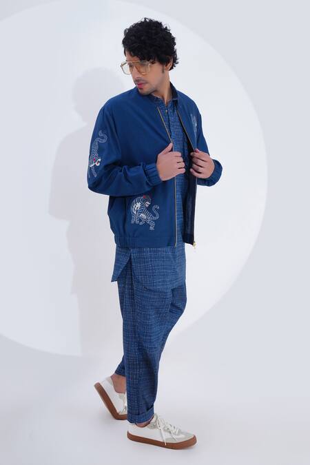 Buy_Jajaabor_Blue Linen Embroidery Threadwork Biker Jacket _Online_at_Aza_Fashions