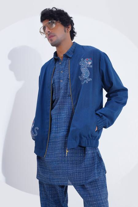 Shop_Jajaabor_Blue Linen Embroidery Threadwork Biker Jacket _Online_at_Aza_Fashions