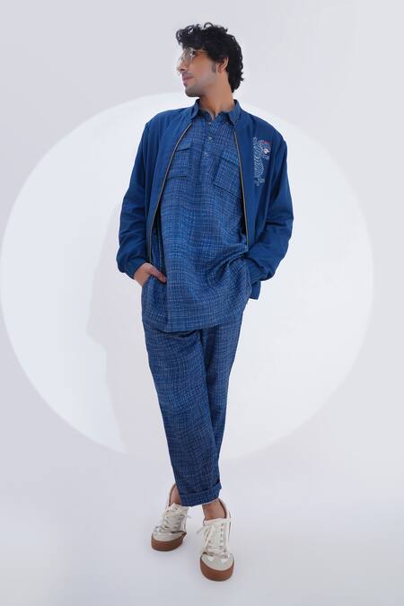 Jajaabor_Blue Linen Embroidery Threadwork Biker Jacket _at_Aza_Fashions