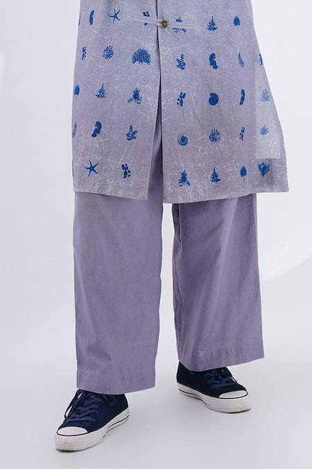 Jajaabor_Grey Linen Marine Print Kurta With Pant _Online_at_Aza_Fashions
